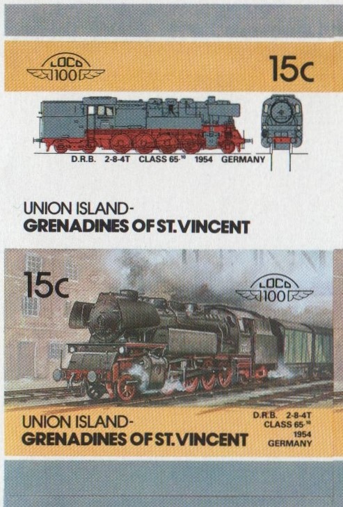 Union Island Locomotives (4th series) 15c 1954 D.R.B. 2-8-4T Class 65.10 Final Stage Progressive Color Proof Stamp Pair