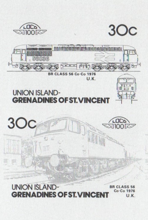 Union Island Locomotives (4th series) 30c Black Stage Progressive Color Proof Pair