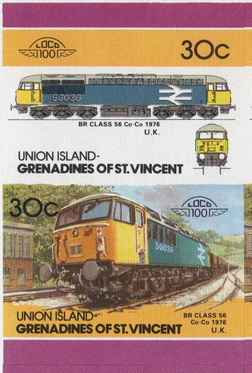 Union Island Locomotives (4th series) 30c 1976 BR Class 56 Co-Co Final Stage Progressive Color Proof Stamp Pair