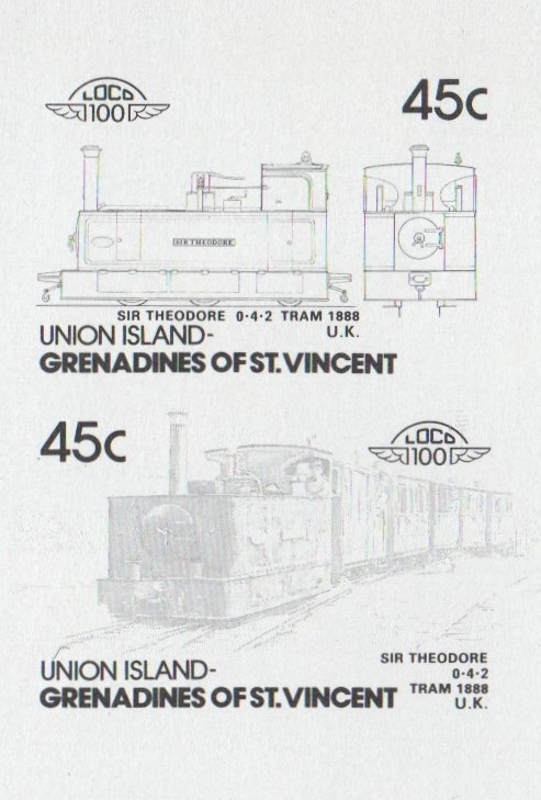 Union Island Locomotives (4th series) 45c Black Stage Progressive Color Proof Pair