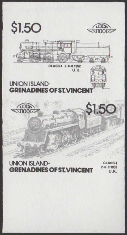 Union Island 4th Series $1.50 1952 Class 4 2-6-0 Locomotive Stamp Black Stage Color Proof From 6-Stage Set