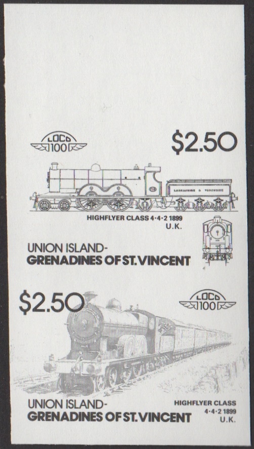Union Island 4th Series $2.50 1899 Highflyer Class 4-4-2 Locomotive Stamp Black Stage Color Proof From 6-Stage Set