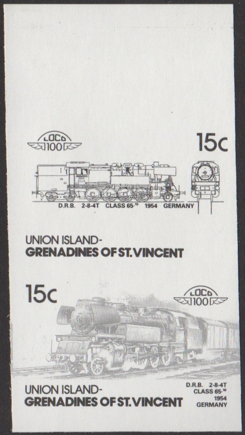 Union Island 4th Series 15c 1954 D.R.B. 2-8-4T Class 65.10 Locomotive Stamp Black Stage Color Proof From 6-Stage Set