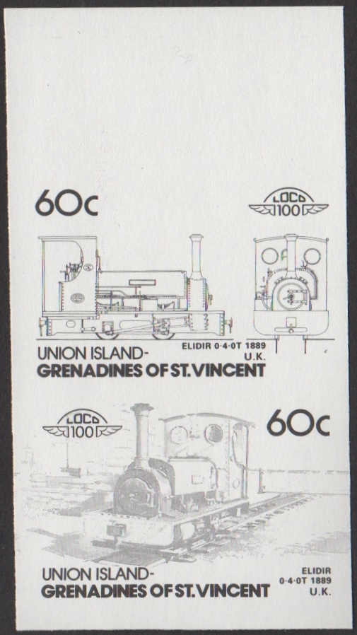 Union Island 4th Series 60c 1889 Elidir 0-4-0T Locomotive Stamp Black Stage Color Proof From 6-Stage Set
