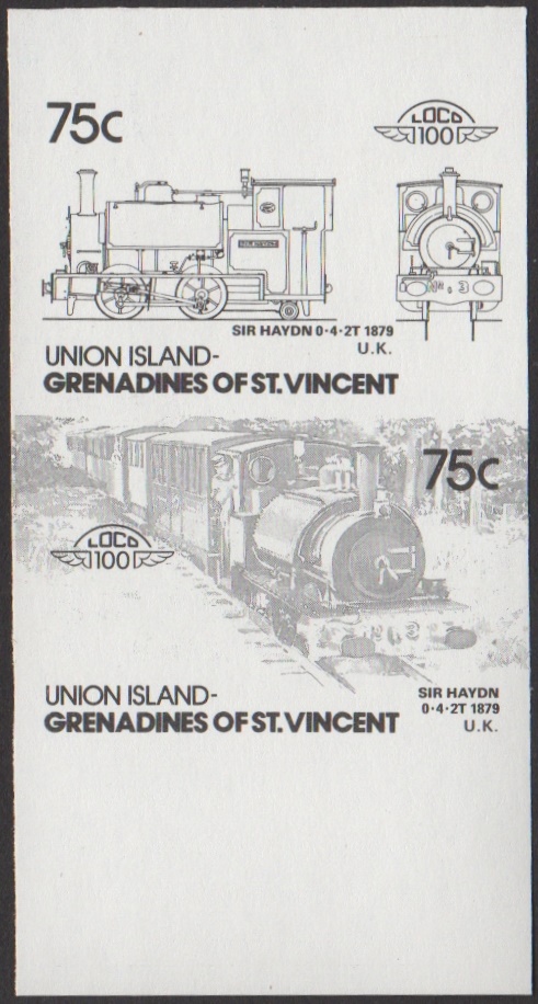 Union Island 4th Series 75c 1879 Sir Haydn 0-4-2T Locomotive Stamp Black Stage Color Proof From 6-Stage Set