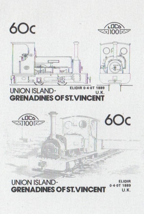 Union Island Locomotives (4th series) 60c Black Stage Progressive Color Proof Pair