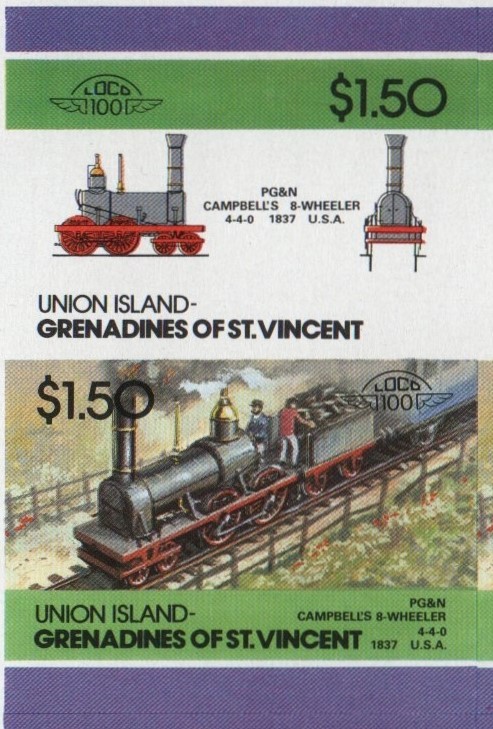 Union Island Locomotives (5th series) $1.50 1837 PG&N Campbell's 8-wheeler 4-4-0 Final Stage Progressive Color Proof Stamp Pair