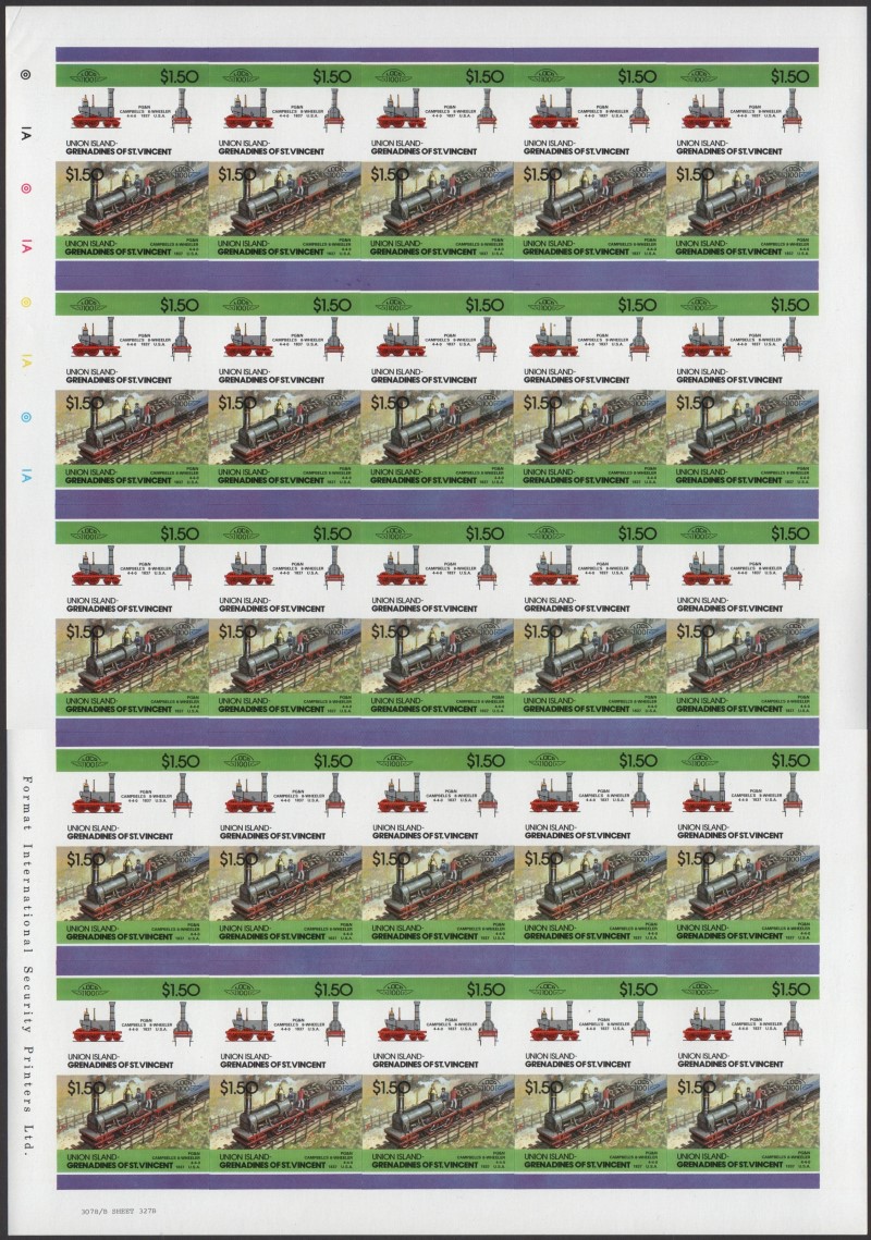 Union Island Locomotives (5th series) $1.50 1837 PG&N Campbell's 8-wheeler 4-4-0 Final Stage Progressive Color Proof Stamp Pane