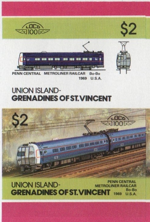 Union Island Locomotives (5th series) $2.00 1969 Penn Central Metroliner Railcar Bo-Bo Final Stage Progressive Color Proof Stamp Pair