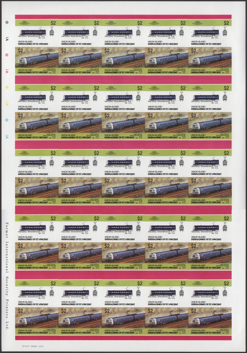 Union Island Locomotives (5th series) $2.00 1969 Penn Central Metroliner Railcar Bo-Bo Final Stage Progressive Color Proof Stamp Pane