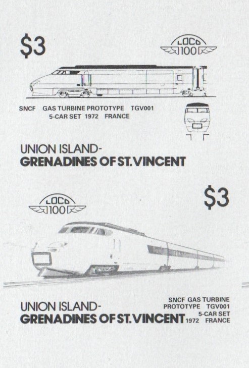 Union Island Locomotives (5th series) $3.00 Black Stage Progressive Color Proof Pair