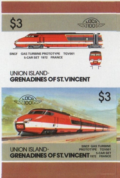 Union Island Locomotives (5th series) $3.00 1972 SNCF Gas Turbine Prototype TGV001 5-Car Set Final Stage Progressive Color Proof Stamp Pair