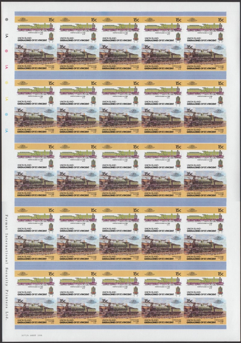 Union Island Locomotives (5th series) 15c 1900 Castle Class 4-6-0 Final Stage Progressive Color Proof Stamp Pane