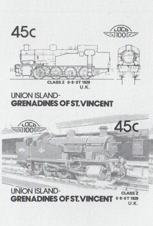Union Island Locomotives (5th series) 45c Black Stage Progressive Color Proof Pair