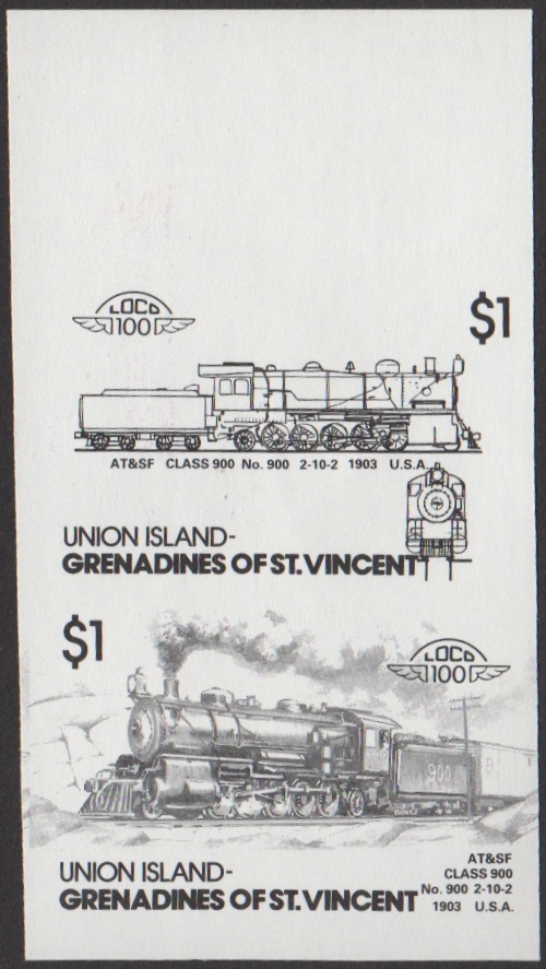 Union Island 5th Series $1.00 1903 AT&SF Class 900 No. 900 2-10-2 Locomotive Stamp Black Stage Color Proof From 6-Stage Set