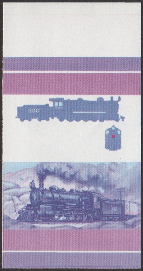 Union Island 5th Series $1.00 1903 AT&SF Class 900 No. 900 2-10-2 Locomotive Stamp Blue-Red Stage Color Proof From 6-Stage Set