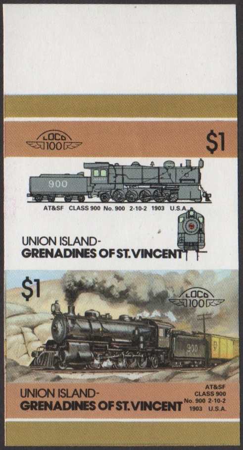 Union Island 5th Series $1.00 1903 AT&SF Class 900 No. 900 2-10-2 Locomotive Stamp Final Stage Color Proof From 6-Stage Set
