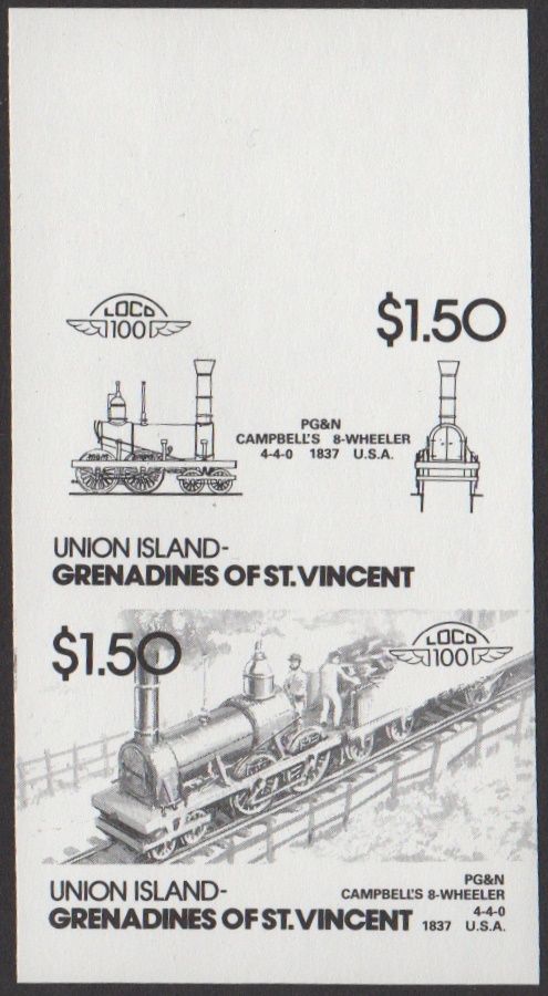 Union Island 5th Series $1.50 1837 PG&N Campbell's 8-wheeler 4-4-0 Locomotive Stamp Black Stage Color Proof From 6-Stage Set