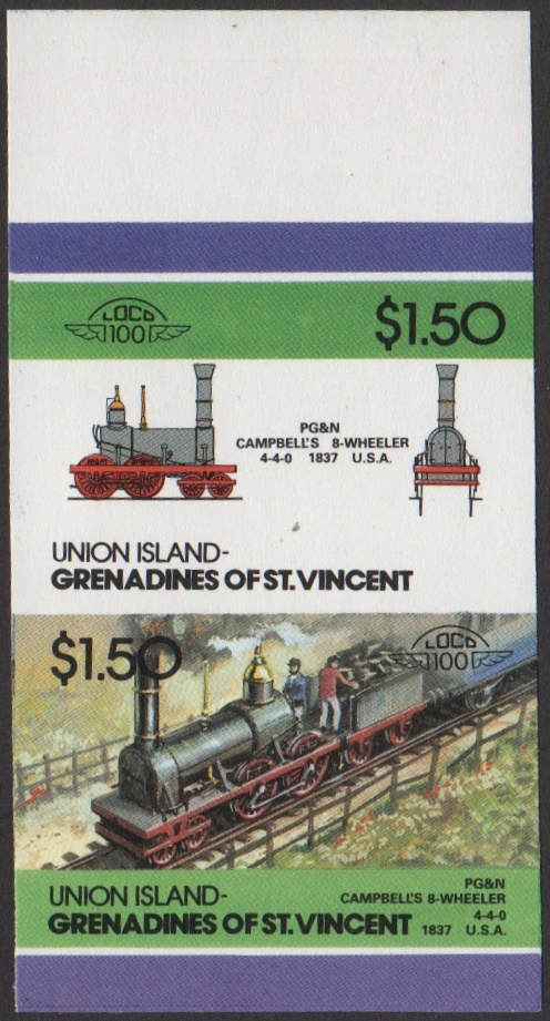 Union Island 5th Series $1.50 1837 PG&N Campbell's 8-wheeler 4-4-0 Locomotive Stamp Final Stage Color Proof From 6-Stage Set