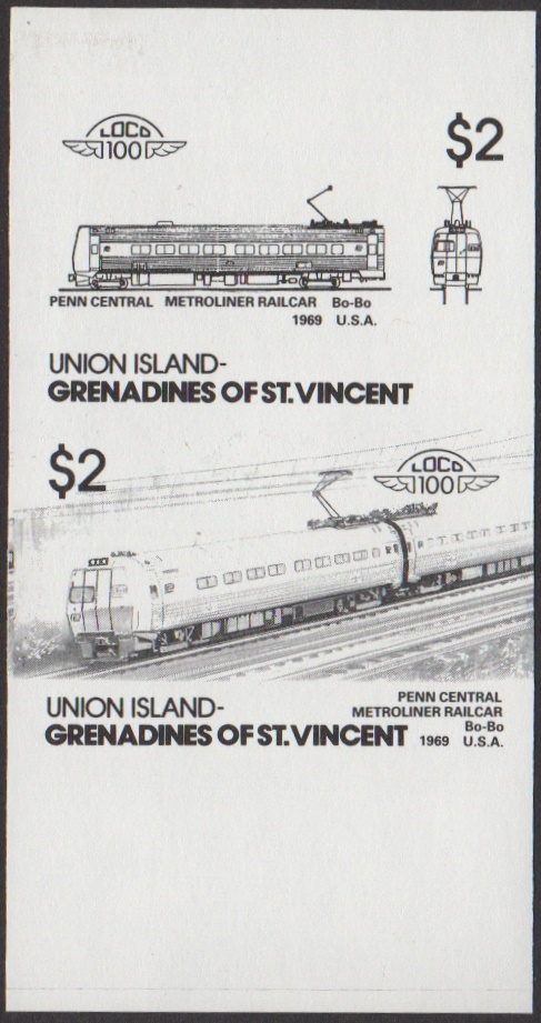 Union Island 5th Series $2.00 1969 Penn Central Metroliner Railcar Bo-Bo Locomotive Stamp Black Stage Color Proof From 6-Stage Set