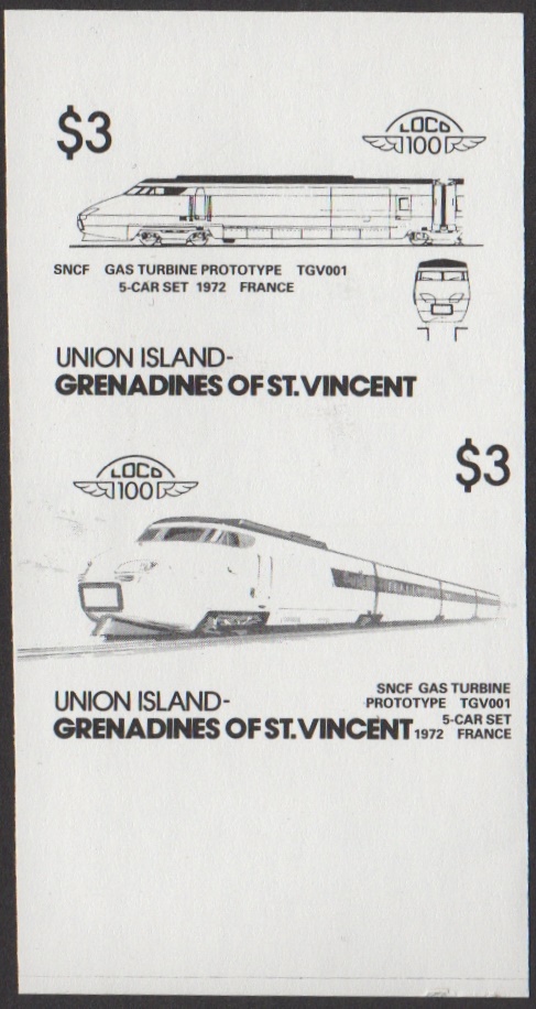 Union Island 5th Series $3.00 1972 SNCF Gas Turbine Prototype TGV001 5-Car Set Locomotive Stamp Black Stage Color Proof From 6-Stage Set