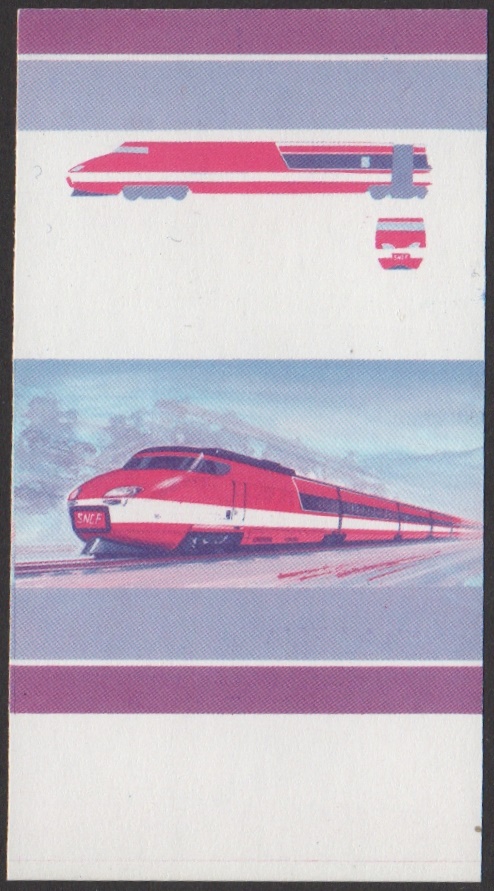 Union Island 5th Series $3.00 1972 SNCF Gas Turbine Prototype TGV001 5-Car Set Locomotive Stamp Blue-Red Stage Color Proof From 6-Stage Set