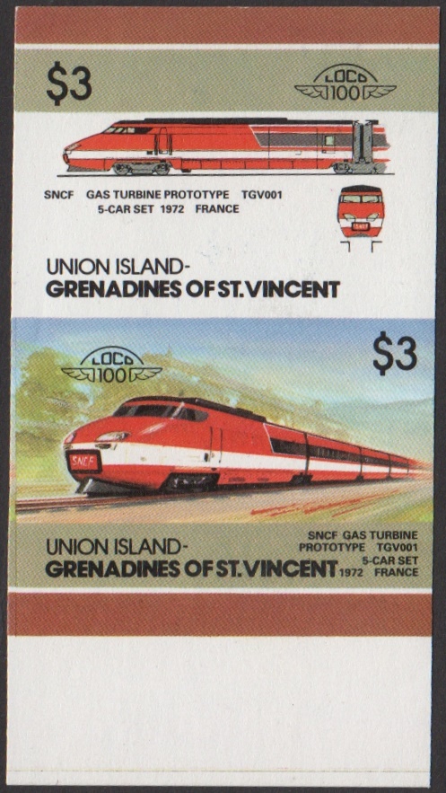 Union Island 5th Series $3.00 1972 SNCF Gas Turbine Prototype TGV001 5-Car Set Locomotive Stamp Final Stage Color Proof From 6-Stage Set