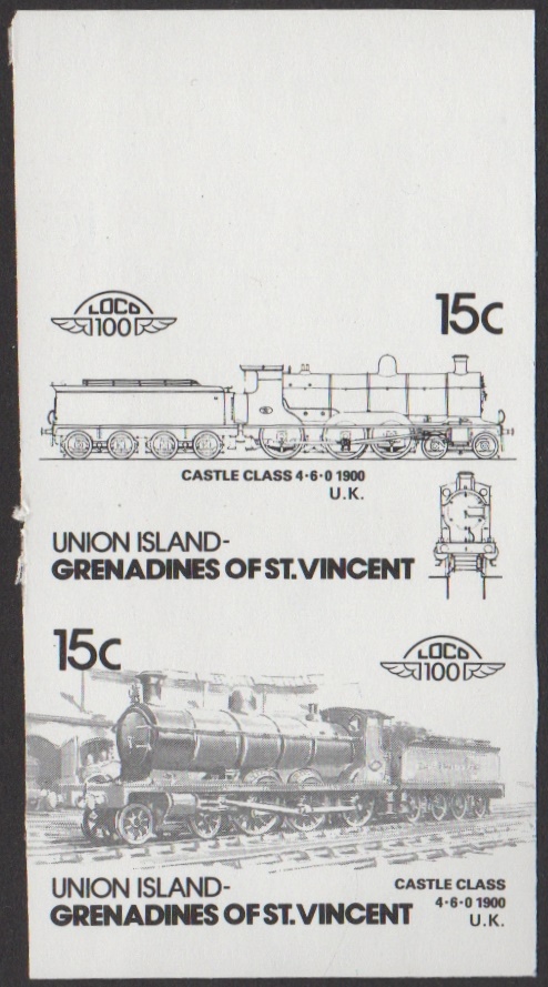 Union Island 5th Series 15c 1900 Castle Class 4-6-0 Locomotive Stamp Black Stage Color Proof From 6-Stage Set