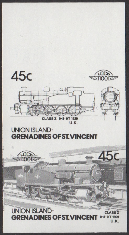 Union Island 5th Series 45c 1929 Class Z 0-8-0T Locomotive Stamp Black Stage Color Proof From 6-Stage Set