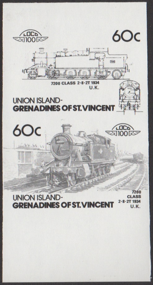 Union Island 5th Series 60c 1934 7200 Class 2-8-2T Locomotive Stamp Black Stage Color Proof From 6-Stage Set