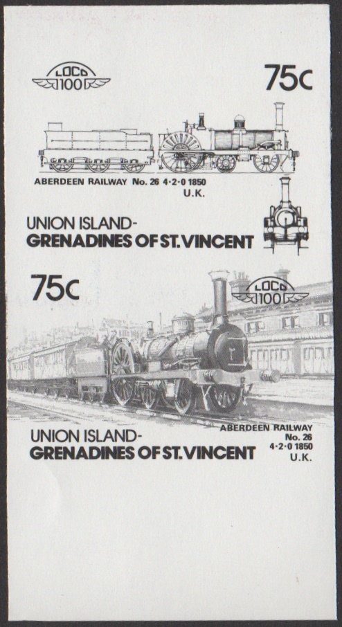 Union Island 5th Series 75c 1850 Aberdeen Railway No. 26 4-2-0 Locomotive Stamp Black Stage Color Proof From 6-Stage Set