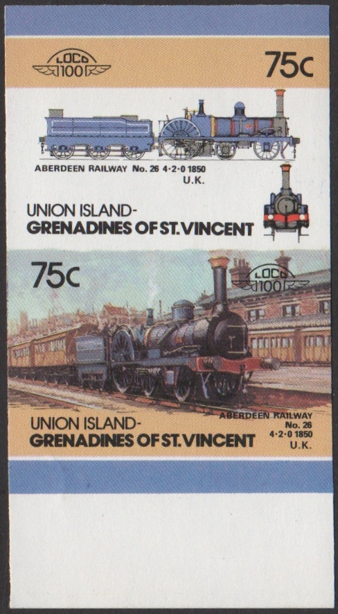 Union Island 5th Series 75c 1850 Aberdeen Railway No. 26 4-2-0 Locomotive Stamp Final Stage Color Proof From 6-Stage Set