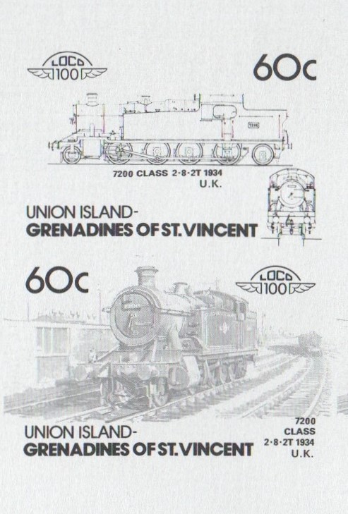 Union Island Locomotives (5th series) 60c Black Stage Progressive Color Proof Pair