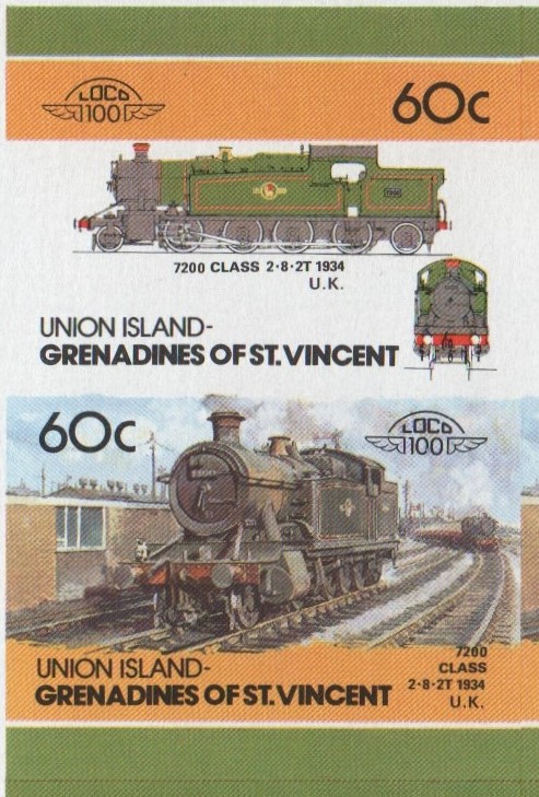 Union Island Locomotives (5th series) 60c 1934 7200 Class 2-8-2T Final Stage Progressive Color Proof Stamp Pair