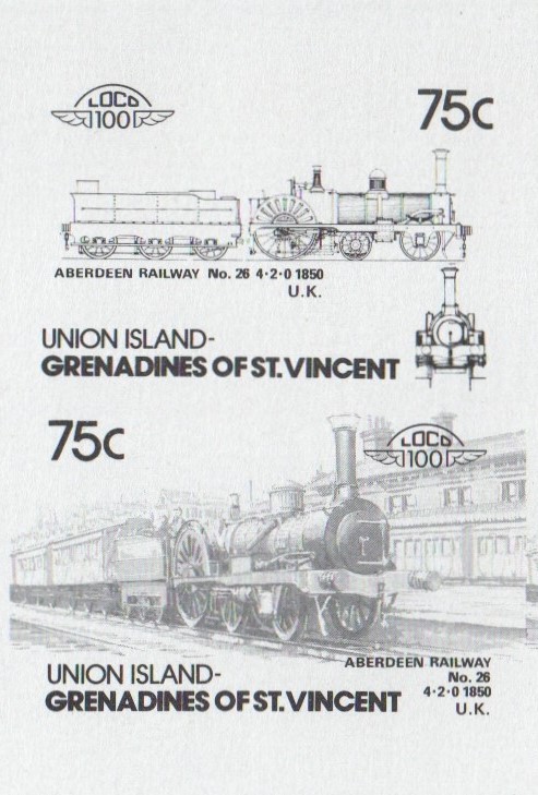Union Island Locomotives (5th series) 75c Black Stage Progressive Color Proof Pair