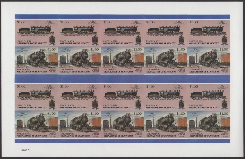 Union Island Locomotives (6th series) $1.00 1904 Erie Railroad Class H-20 No. 1615 2-8-0 Final Stage Progressive Color Proof Stamp Pane