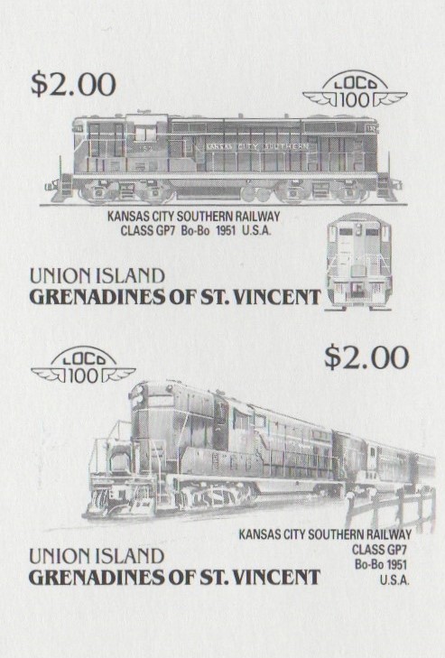 Union Island Locomotives (6th series) $2.00 Black Stage Progressive Color Proof Pair
