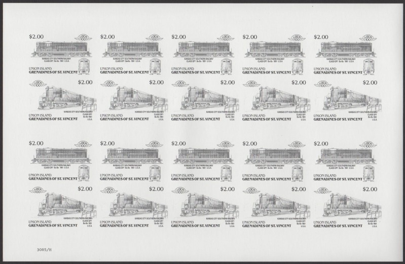 Union Island Locomotives (6th series) $2.00 Black Stage Progressive Color Proof Pane