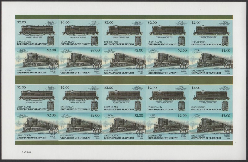 Union Island Locomotives (6th series) $2.00 1951 Kansas City Southern Railway Class GP7 Bo-Bo Final Stage Progressive Color Proof Stamp Pane