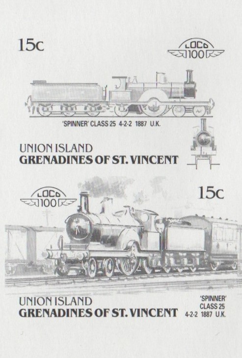 Union Island Locomotives (6th series) 15c Black Stage Progressive Color Proof Pair