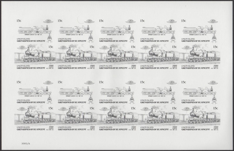 Union Island Locomotives (6th series) 15c Black Stage Progressive Color Proof Pane