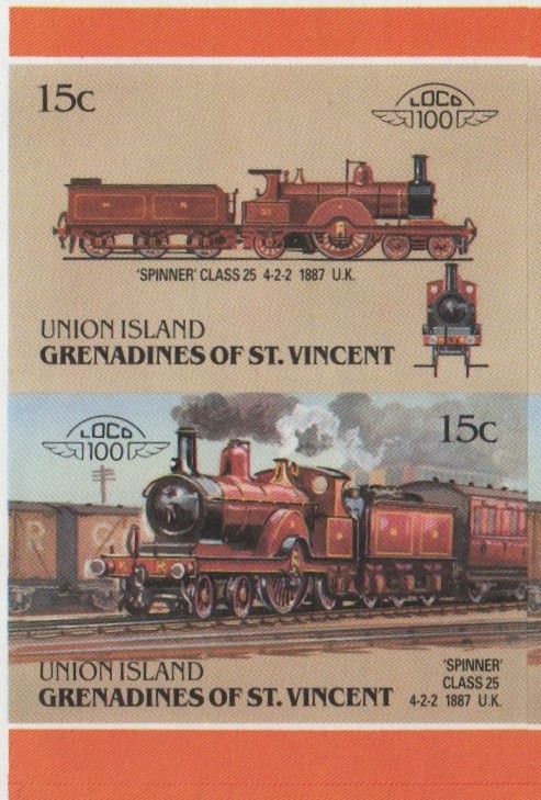 Union Island Locomotives (6th series) 15c 1887 'Spinner' Class 25 4-2-2 Final Stage Progressive Color Proof Stamp Pair