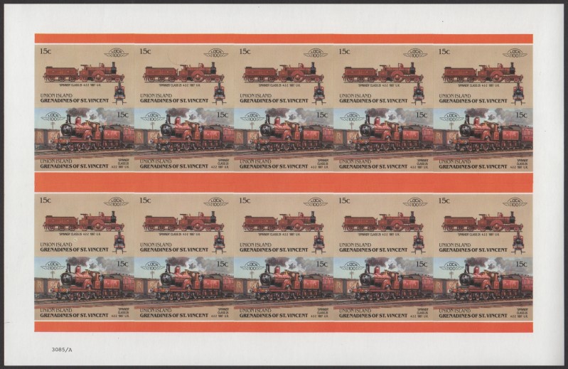 Union Island Locomotives (6th series) 15c 1887 'Spinner' Class 25 4-2-2 Final Stage Progressive Color Proof Stamp Pane