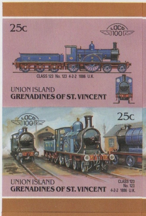 Union Island Locomotives (6th series) 25c 1886 Class 123 No. 123 4-2-2 Final Stage Progressive Color Proof Stamp Pair