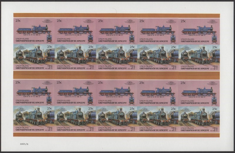 Union Island Locomotives (6th series) 25c 1886 Class 123 No. 123 4-2-2 Final Stage Progressive Color Proof Stamp Pane