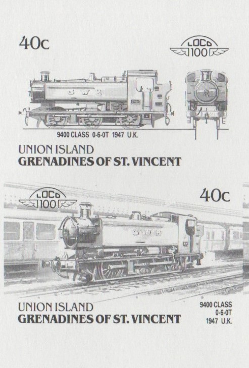 Union Island Locomotives (6th series) 40c Black Stage Progressive Color Proof Pair
