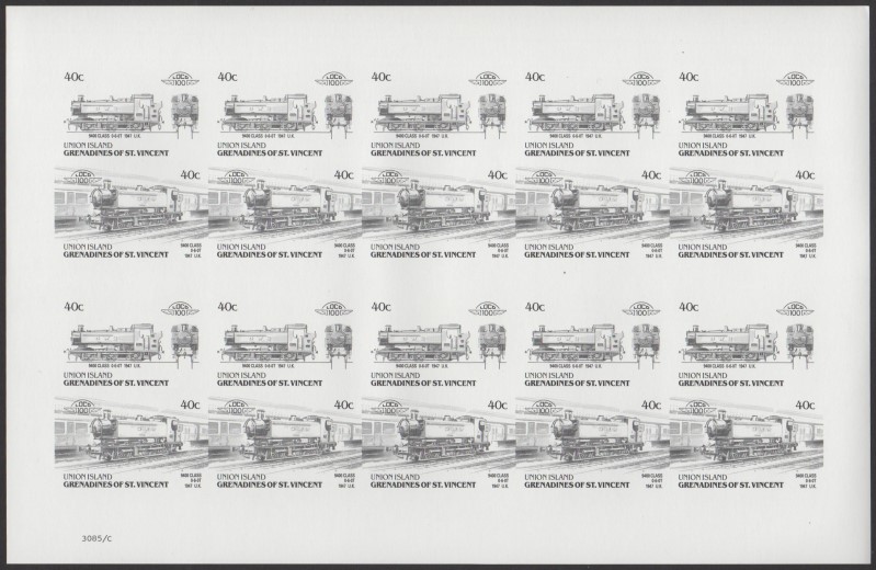Union Island Locomotives (6th series) 40c Black Stage Progressive Color Proof Pane