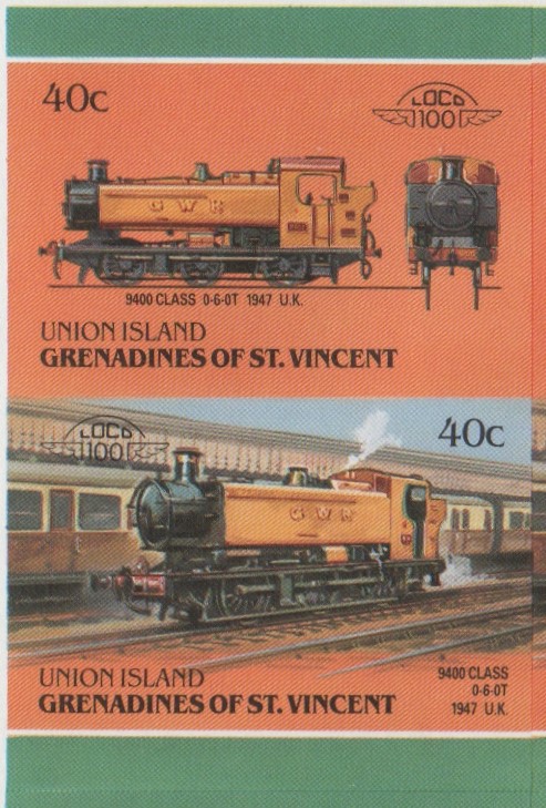 Union Island Locomotives (6th series) 40c 1947 9400 Class 0-6-0T Final Stage Missing Blue Error Progressive Color Proof Stamp Pair