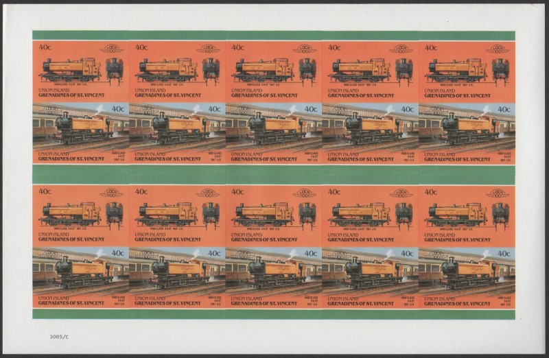 Union Island Locomotives (6th series) 40c 1947 9400 Class 0-6-0T Final Stage Missing Blue Error Progressive Color Proof Stamp Pane