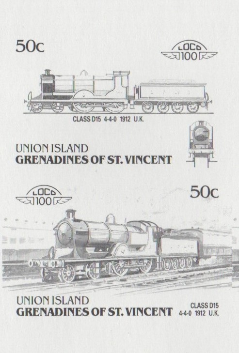 Union Island Locomotives (6th series) 50c Black Stage Progressive Color Proof Pair